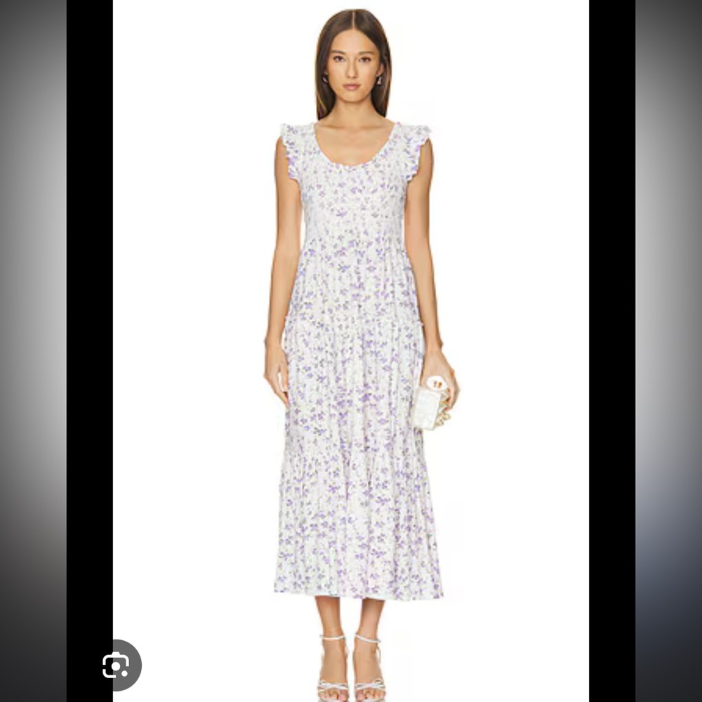 LoveShackFancy Lavender Floral Ruffle-Sleeve Chessie Midi Dress XXS